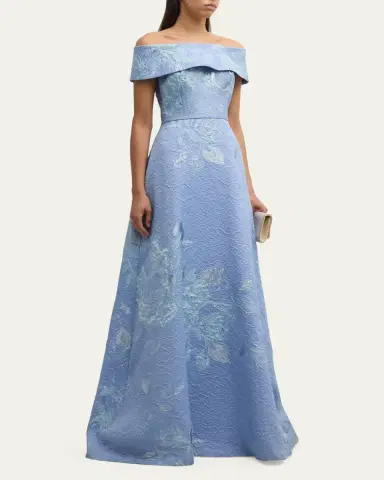 Rickie Freeman for Teri Jon Off-Shoulder Metallic Flower Jacquard Gown | Thumbnail 4 Rickie Freeman for Teri Jon Off-Shoulder Metallic Flower Jacquard Gown | Thumbnail 4