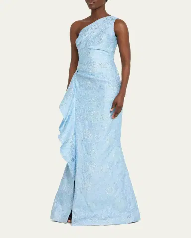 Rickie Freeman for Teri Jon One-Shoulder Jacquard Side-Ruffle Gown | Thumbnail 8 Rickie Freeman for Teri Jon One-Shoulder Jacquard Side-Ruffle Gown | Thumbnail 8