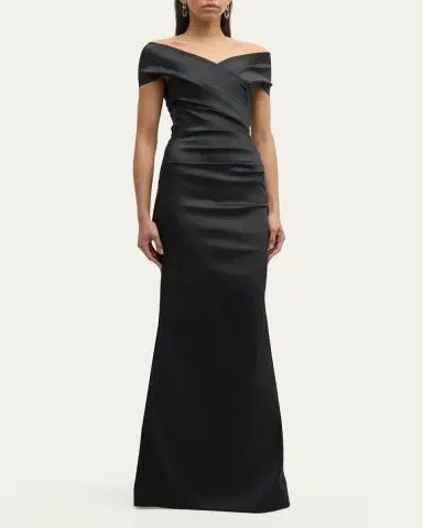 Rickie Freeman for Teri Jon Pleated Off-Shoulder Satin Column Gown | Thumbnail 2 Rickie Freeman for Teri Jon Pleated Off-Shoulder Satin Column Gown | Thumbnail 2