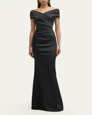 Rickie Freeman for Teri Jon Pleated Off-Shoulder Satin Column Gown | Thumbnail 4 Rickie Freeman for Teri Jon Pleated Off-Shoulder Satin Column Gown | Thumbnail 4