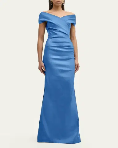 Rickie Freeman for Teri Jon Pleated Off-Shoulder Satin Column Gown | Thumbnail 2 Rickie Freeman for Teri Jon Pleated Off-Shoulder Satin Column Gown | Thumbnail 2