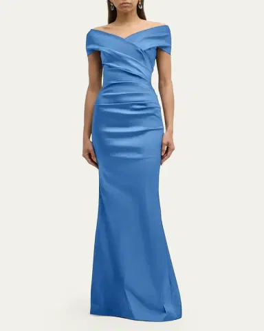 Rickie Freeman for Teri Jon Pleated Off-Shoulder Satin Column Gown | Thumbnail 4 Rickie Freeman for Teri Jon Pleated Off-Shoulder Satin Column Gown | Thumbnail 4
