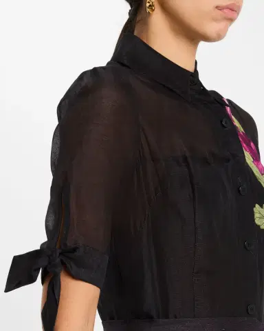 Rickie Freeman for Teri Jon Floral-Print Silken Linen Midi Shirtdress | Thumbnail 4 Rickie Freeman for Teri Jon Floral-Print Silken Linen Midi Shirtdress | Thumbnail 4