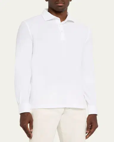 Fedeli Men's Giza Cotton Long-Sleeve Pique Polo Shirt | Thumbnail 4 Fedeli Men's Giza Cotton Long-Sleeve Pique Polo Shirt | Thumbnail 4
