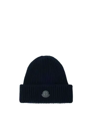 Moncler Men's Cashmere Rib Leather-Logo Beanie Hat | Thumbnail 1 Moncler Men's Cashmere Rib Leather-Logo Beanie Hat | Thumbnail 1