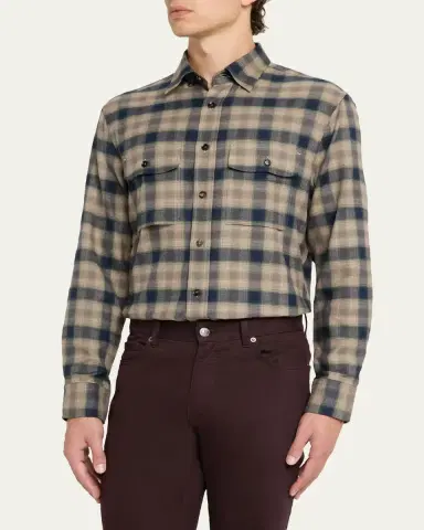 Brioni Men's Cotton Flannel Plaid Button-Down Shirt | Thumbnail 4 Brioni Men's Cotton Flannel Plaid Button-Down Shirt | Thumbnail 4