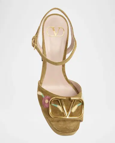 Valentino Garavani Floral Embroidered VLogo Suede Platform Sandals | Thumbnail 3 Valentino Garavani Floral Embroidered VLogo Suede Platform Sandals | Thumbnail 3