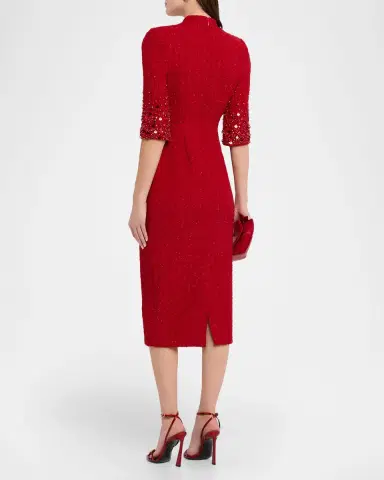 Badgley Mischka Mock-Neck Beaded Shimmer Tweed Midi Dress | Thumbnail 2 Badgley Mischka Mock-Neck Beaded Shimmer Tweed Midi Dress | Thumbnail 2