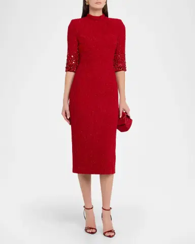 Badgley Mischka Mock-Neck Beaded Shimmer Tweed Midi Dress | Thumbnail 3 Badgley Mischka Mock-Neck Beaded Shimmer Tweed Midi Dress | Thumbnail 3