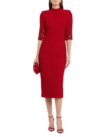 Badgley Mischka Mock-Neck Beaded Shimmer Tweed Midi Dress | Thumbnail 1 Badgley Mischka Mock-Neck Beaded Shimmer Tweed Midi Dress | Thumbnail 1