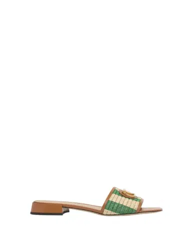 Valentino Garavani 20mm VLogo Leather and Striped Raffia Mule Sandals | Thumbnail 1 Valentino Garavani 20mm VLogo Leather and Striped Raffia Mule Sandals | Thumbnail 1