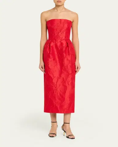 Monique Lhuillier Strapless Rose Jacquard Midi Dress | Thumbnail 2 Monique Lhuillier Strapless Rose Jacquard Midi Dress | Thumbnail 2