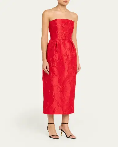 Monique Lhuillier Strapless Rose Jacquard Midi Dress | Thumbnail 4 Monique Lhuillier Strapless Rose Jacquard Midi Dress | Thumbnail 4