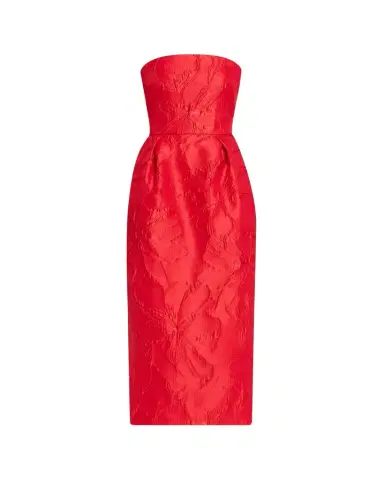 Monique Lhuillier Strapless Rose Jacquard Midi Dress | Thumbnail 1 Monique Lhuillier Strapless Rose Jacquard Midi Dress | Thumbnail 1