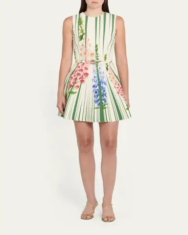 Oscar de la Renta Sleeveless Pleated Tromp L'Oeil Foxgloves Mini Dress With Belt | Thumbnail 2 Oscar de la Renta Sleeveless Pleated Tromp L'Oeil Foxgloves Mini Dress With Belt | Thumbnail 2
