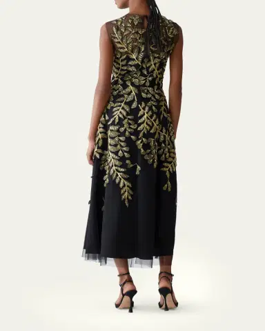 Carolina Herrera Gold Leaf-Embroidered Tulle Sleeveless Midi Dress | Thumbnail 3 Carolina Herrera Gold Leaf-Embroidered Tulle Sleeveless Midi Dress | Thumbnail 3