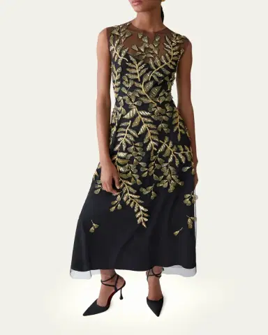 Carolina Herrera Gold Leaf-Embroidered Tulle Sleeveless Midi Dress | Thumbnail 4 Carolina Herrera Gold Leaf-Embroidered Tulle Sleeveless Midi Dress | Thumbnail 4