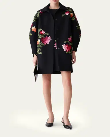 Carolina Herrera Floral-Embroidered Wool Cocoon Coat | Thumbnail 2 Carolina Herrera Floral-Embroidered Wool Cocoon Coat | Thumbnail 2