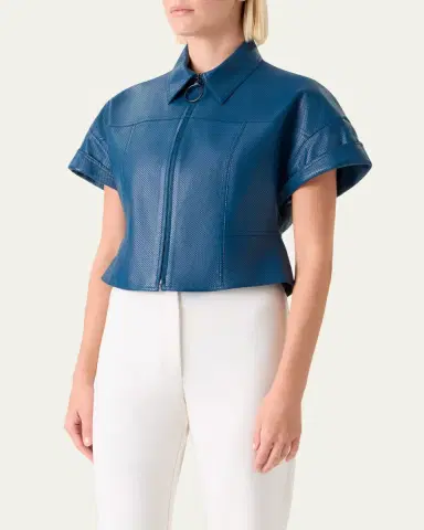 Akris punto Pin-Dot Nappa Leather Short-Sleeve Zip Jacket | Thumbnail 4 Akris punto Pin-Dot Nappa Leather Short-Sleeve Zip Jacket | Thumbnail 4