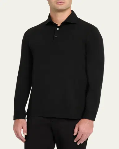 Fedeli Men's Giza Cotton Long-Sleeve Pique Polo Shirt | Thumbnail 4 Fedeli Men's Giza Cotton Long-Sleeve Pique Polo Shirt | Thumbnail 4