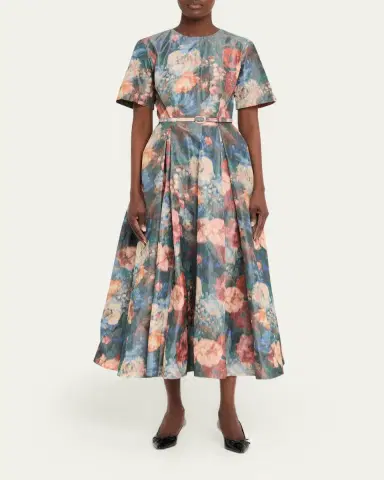 Prabal Gurung Short-Sleeve Floral Taffeta Belted Midi Cocktail Dress | Thumbnail 2 Prabal Gurung Short-Sleeve Floral Taffeta Belted Midi Cocktail Dress | Thumbnail 2
