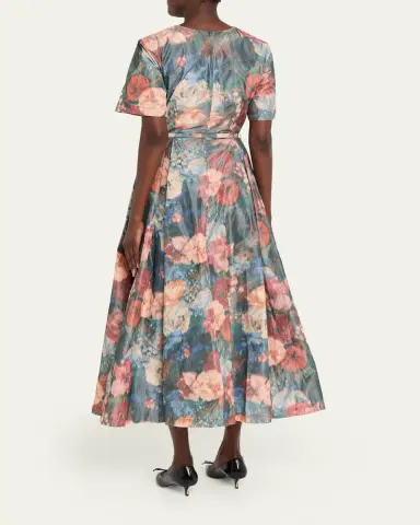 Prabal Gurung Short-Sleeve Floral Taffeta Belted Midi Cocktail Dress | Thumbnail 3 Prabal Gurung Short-Sleeve Floral Taffeta Belted Midi Cocktail Dress | Thumbnail 3