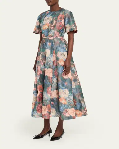 Prabal Gurung Short-Sleeve Floral Taffeta Belted Midi Cocktail Dress | Thumbnail 4 Prabal Gurung Short-Sleeve Floral Taffeta Belted Midi Cocktail Dress | Thumbnail 4