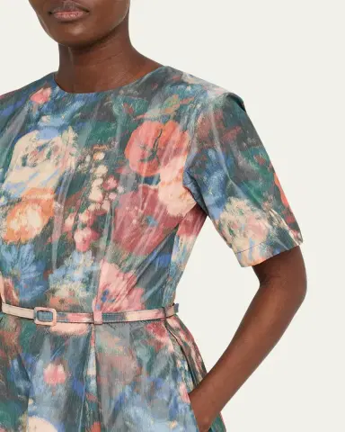 Prabal Gurung Short-Sleeve Floral Taffeta Belted Midi Cocktail Dress | Thumbnail 5 Prabal Gurung Short-Sleeve Floral Taffeta Belted Midi Cocktail Dress | Thumbnail 5