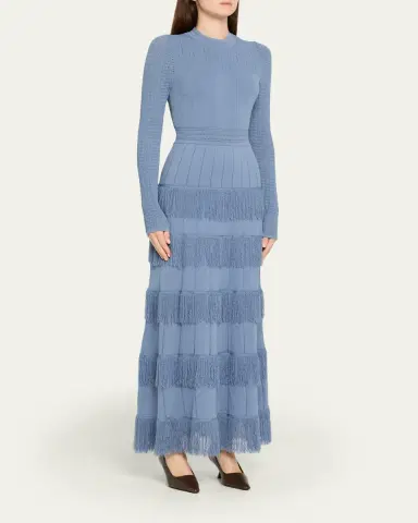 Lela Rose Tiered Fringe Long-Sleeve Maxi Dress | Thumbnail 4 Lela Rose Tiered Fringe Long-Sleeve Maxi Dress | Thumbnail 4