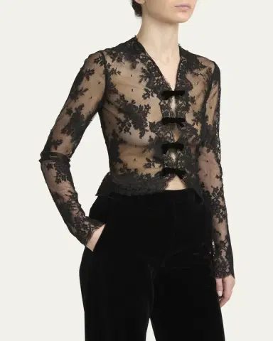 Valentino Garavani Sheer Lace Bow Long-Sleeve Blouse | Thumbnail 4 Valentino Garavani Sheer Lace Bow Long-Sleeve Blouse | Thumbnail 4