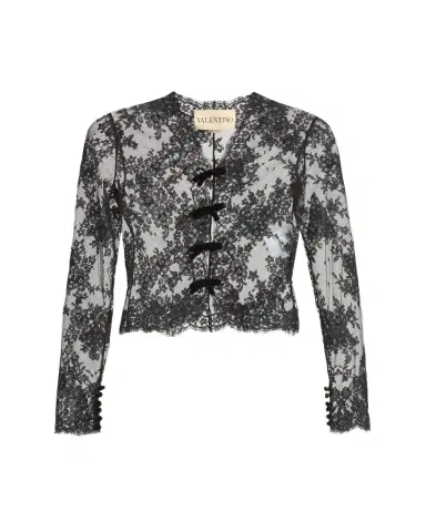 Valentino Garavani Sheer Lace Bow Long-Sleeve Blouse | Thumbnail 1 Valentino Garavani Sheer Lace Bow Long-Sleeve Blouse | Thumbnail 1