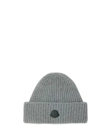 Moncler Men's Cashmere Rib Leather-Logo Beanie Hat | Thumbnail 1 Moncler Men's Cashmere Rib Leather-Logo Beanie Hat | Thumbnail 1