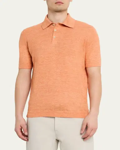 Brunello Cucinelli Men's Linen and Cotton Heathered Polo Shirt | Thumbnail 12 Brunello Cucinelli Men's Linen and Cotton Heathered Polo Shirt | Thumbnail 12