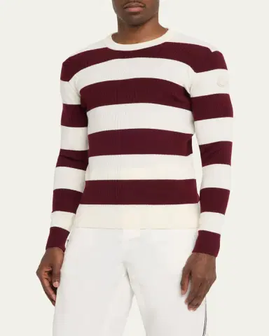 Moncler Men's Wide-Stripe Wool Ribbed Crewneck Sweater | Thumbnail 4 Moncler Men's Wide-Stripe Wool Ribbed Crewneck Sweater | Thumbnail 4