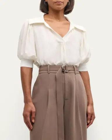 Cinq à Sept Weldon Collared V-Neck Short-Sleeve Silk Combo Top | Thumbnail 4 Cinq à Sept Weldon Collared V-Neck Short-Sleeve Silk Combo Top | Thumbnail 4