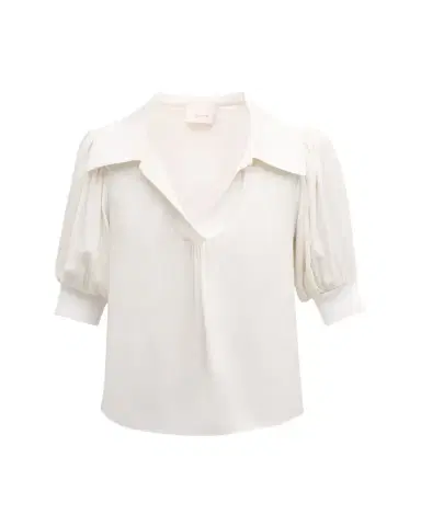 Cinq à Sept Weldon Collared V-Neck Short-Sleeve Silk Combo Top | Thumbnail 1 Cinq à Sept Weldon Collared V-Neck Short-Sleeve Silk Combo Top | Thumbnail 1