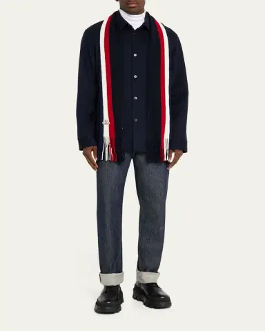 Moncler Men's Wool Tricolor Stripe Fringe Scarf | Thumbnail 2 Moncler Men's Wool Tricolor Stripe Fringe Scarf | Thumbnail 2