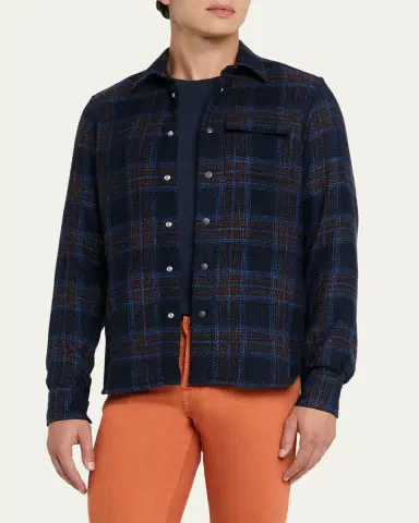 Kiton Men's Wool-Blend Plaid Snap-Front Overshirt | Thumbnail 4 Kiton Men's Wool-Blend Plaid Snap-Front Overshirt | Thumbnail 4