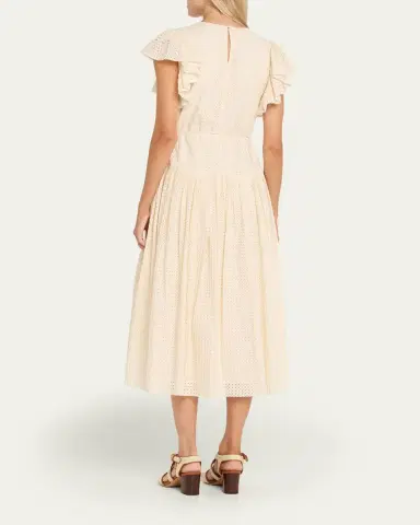 Ulla Johnson Sylvaine Flutter-Sleeve Lasercut Poplin Ankle Dress | Thumbnail 3 Ulla Johnson Sylvaine Flutter-Sleeve Lasercut Poplin Ankle Dress | Thumbnail 3