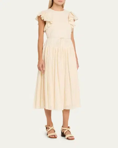 Ulla Johnson Sylvaine Flutter-Sleeve Lasercut Poplin Ankle Dress | Thumbnail 4 Ulla Johnson Sylvaine Flutter-Sleeve Lasercut Poplin Ankle Dress | Thumbnail 4