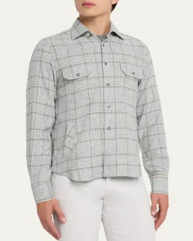 Kiton Men's Wool-Blend Plaid Overshirt with Pockets | Thumbnail 4 Kiton Men's Wool-Blend Plaid Overshirt with Pockets | Thumbnail 4
