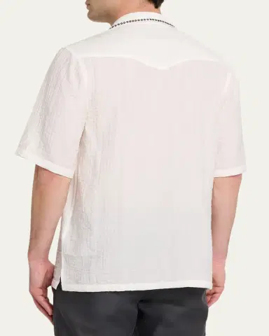 OFFICINE GÉNÉRALE Men's Eren Textured Viscose Short-Sleeve Camp Shirt | Thumbnail 3 OFFICINE GÉNÉRALE Men's Eren Textured Viscose Short-Sleeve Camp Shirt | Thumbnail 3