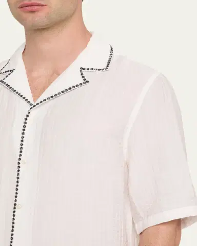 OFFICINE GÉNÉRALE Men's Eren Textured Viscose Short-Sleeve Camp Shirt | Thumbnail 5 OFFICINE GÉNÉRALE Men's Eren Textured Viscose Short-Sleeve Camp Shirt | Thumbnail 5
