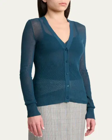 Victoria Beckham Sheer Pointelle Rib V-Neck Cardigan | Thumbnail 4 Victoria Beckham Sheer Pointelle Rib V-Neck Cardigan | Thumbnail 4
