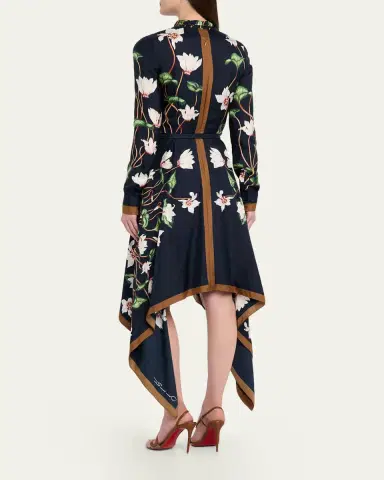 Oscar de la Renta Long-Sleeve Chine Cyclamen Silk Twill Handkerchief Dress | Thumbnail 3 Oscar de la Renta Long-Sleeve Chine Cyclamen Silk Twill Handkerchief Dress | Thumbnail 3