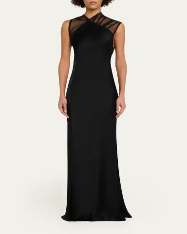 Victoria Beckham Mesh Open-Back Satin Column Gown | Thumbnail 2 Victoria Beckham Mesh Open-Back Satin Column Gown | Thumbnail 2