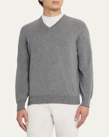 Brunello Cucinelli Men's Cashmere Classic Fit V-Neck Sweater | Thumbnail 4 Brunello Cucinelli Men's Cashmere Classic Fit V-Neck Sweater | Thumbnail 4