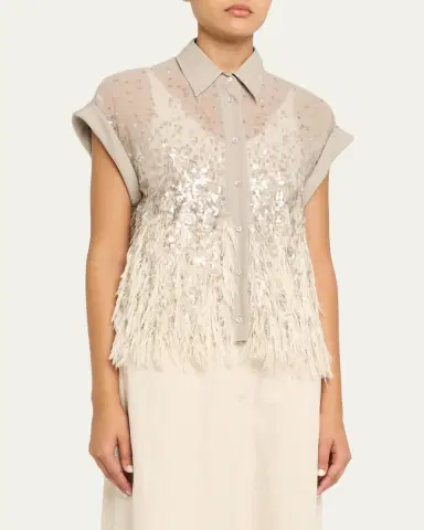 Brunello Cucinelli Sequin & Feather Silk Chiffon Blouse | Thumbnail 4 Brunello Cucinelli Sequin & Feather Silk Chiffon Blouse | Thumbnail 4