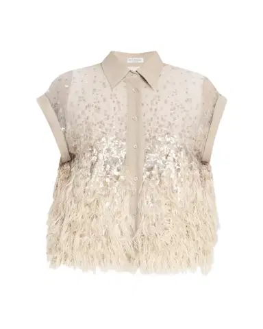 Brunello Cucinelli Sequin & Feather Silk Chiffon Blouse | Thumbnail 1 Brunello Cucinelli Sequin & Feather Silk Chiffon Blouse | Thumbnail 1