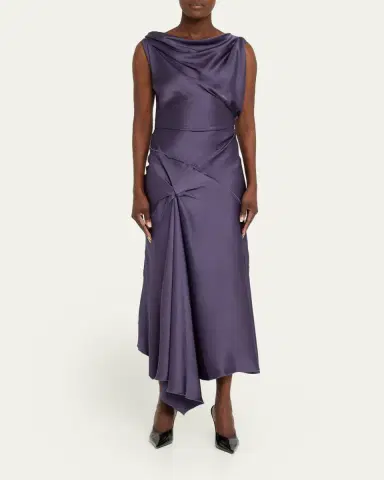 Victoria Beckham Asymmetric Draped Sleeveless Satin Midi Dress | Thumbnail 2 Victoria Beckham Asymmetric Draped Sleeveless Satin Midi Dress | Thumbnail 2